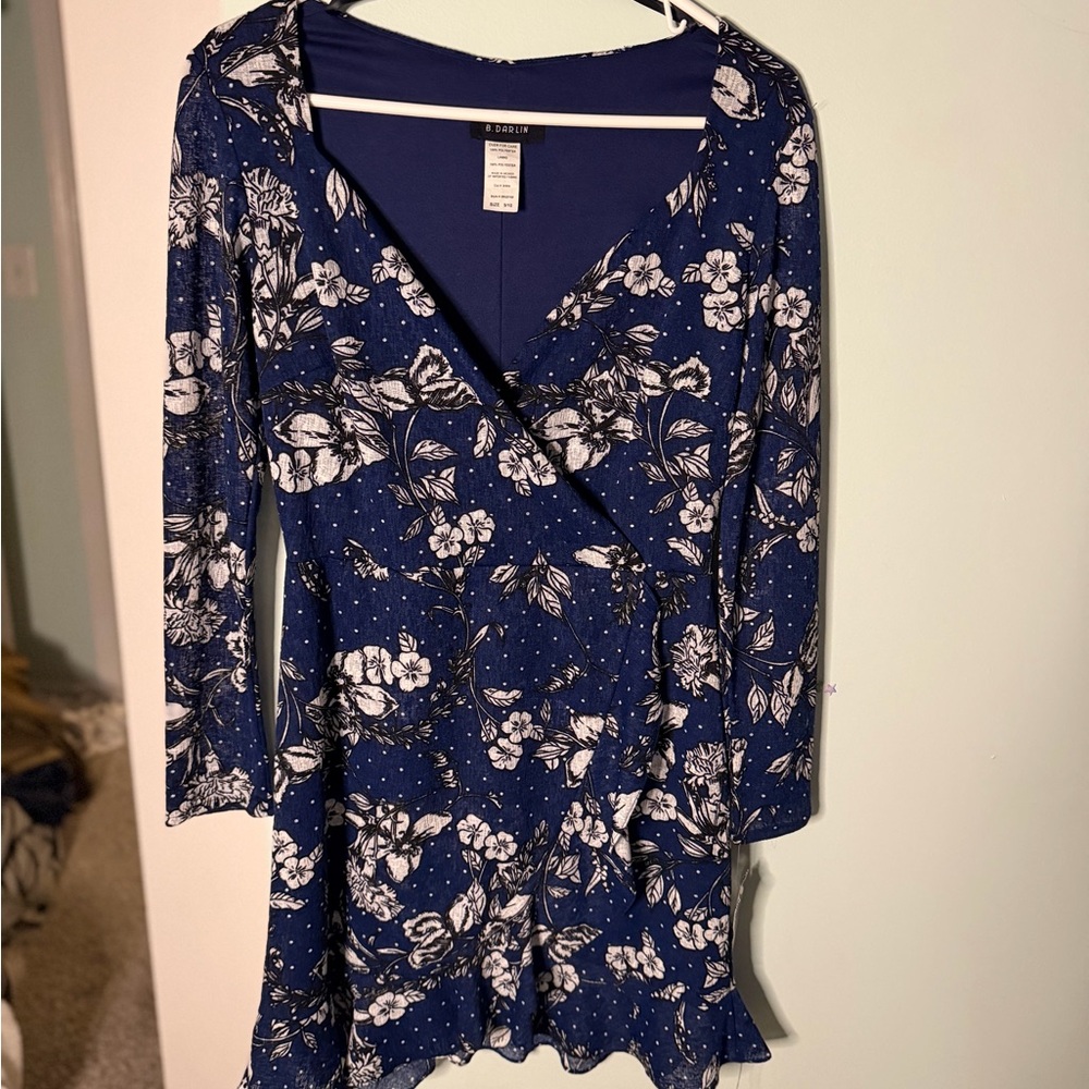 B Darlin Navy and White Floral Long Sleeve Wray Dress